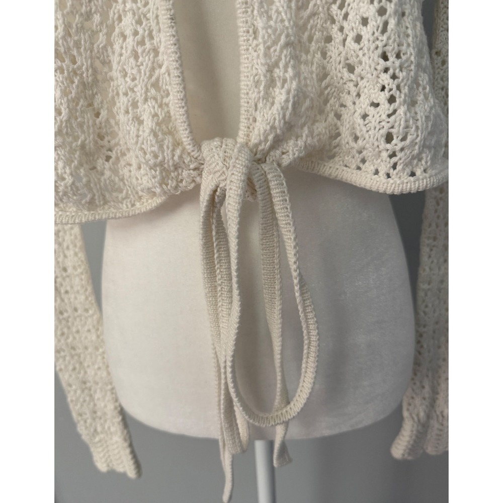 Aeropostale Women's Cream Open Knit Tie Front Cropped Cardigan Sweater Boho XS - Picture 3 of 10